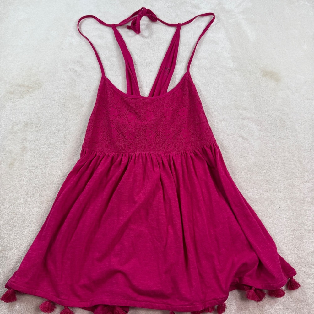 ana A New Approach Magenta Pink Lace Babydoll Tassel Tank Top NWT Large‎